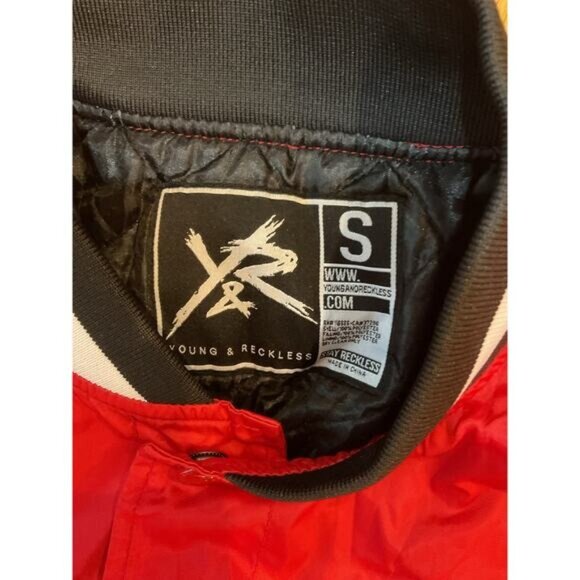 Young & Reckless Red Bomber Jacket Size S Snap-Button Closure Black & White Stri - Picture 5 of 11